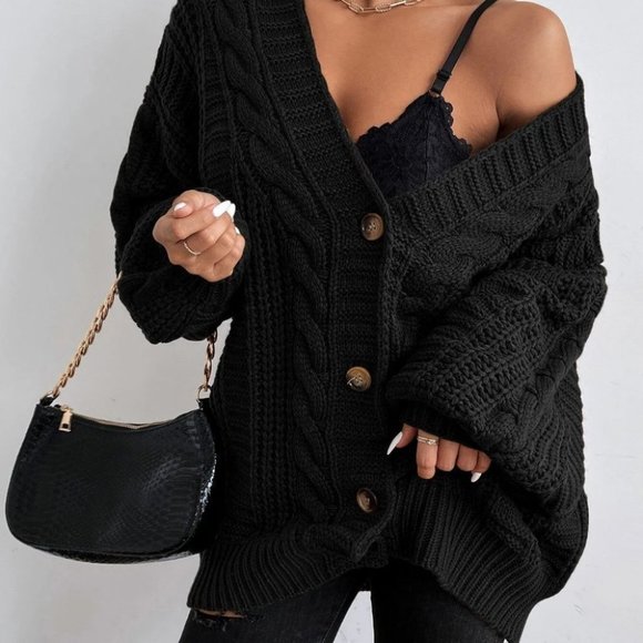 Black Button down Cable Knit Sweater Cardigan - Picture 4 of 4